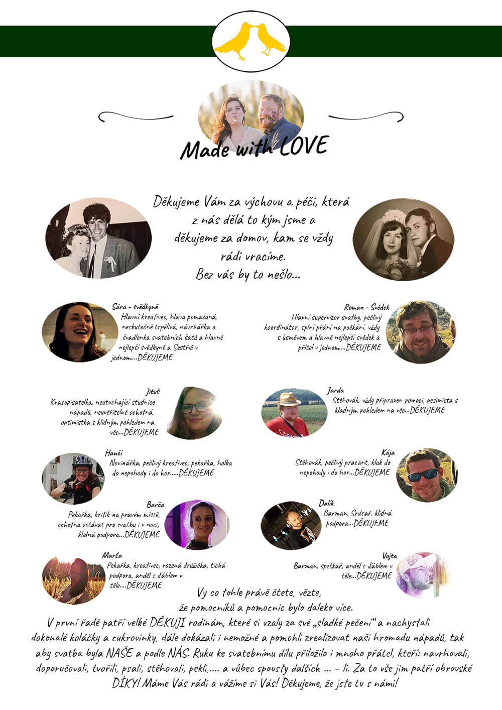 poděkování všem, co nám se svatbou pomohli